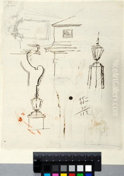 Partial Elevation of Facade with a Cornice, Two Studies for Lanterns, Two Window Surrounds Oil Painting by Carl Harleman