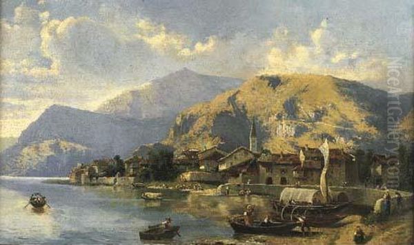 Paese Sul Lago Di Como Oil Painting by Ercole Calvi