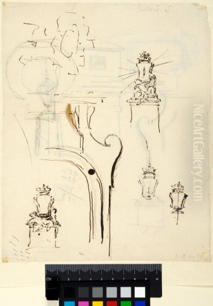 Drafts for a Lantern Support with Putti, Two Lanterns and Part of a Window Surround Oil Painting by Carl Harleman