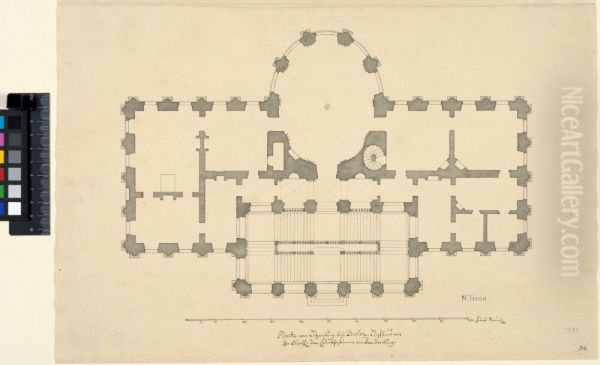 Schloss Charlottenburg (Schloss Lietzenburg), Berlin. Plan of the piano nobile with the staircase Oil Painting by Nicodemus Tessin the Younger