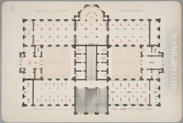 Nationalmuseum. Plan av mellanvaningen med alternativa forslag paklistrade, andra forslaget Oil Painting by Johan Adolf Hawerman