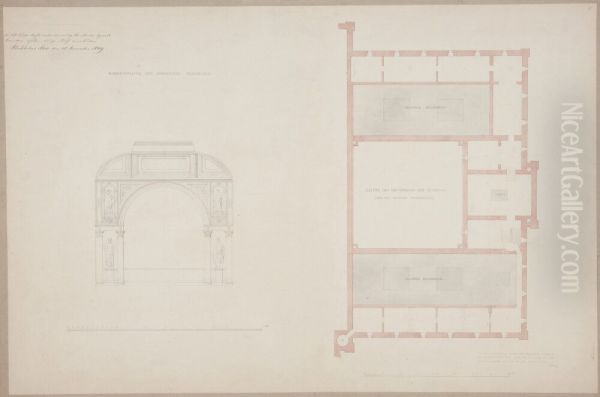 Nationalmuseum. Plan av halva entresolvan. + sektion av de ostl. utstallningssalarna Oil Painting by Friedrich August Stuler