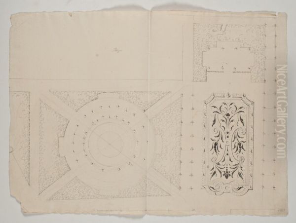 Plan over del av tradgard med parterrbroderi och fontan Oil Painting by Carl Harleman