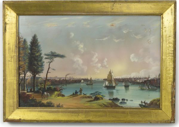 The East River Looking Southwest, Blackwell's Island In Foreground, The Navy Yard At Extreme Left And View Of Lower New York From Jersey City Oil Painting by Nicolino Calyo