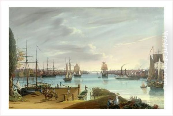 Vue Du Port De Boston Avec La Navette A Vapeur Boston-providence 'le Narrangasett' Oil Painting by Nicolino Calyo