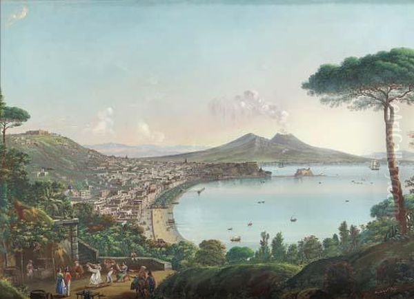 The Bay Of Naples With An American Frigate
Signed 'painted By N. Calyo.' (lower Right) Oil Painting by Nicolino Calyo