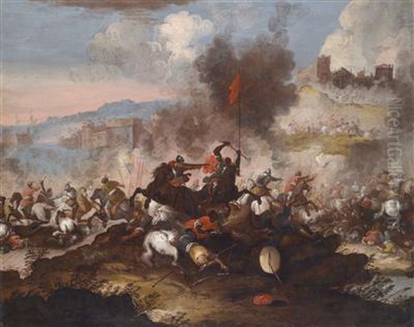 A Battle Between Christian And Turkish Horsemen Below The Walls Of A Fortified City Oil Painting by Antonio Calza