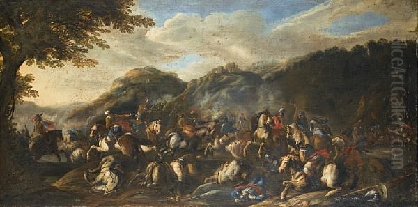 An Extensive Landscape With A Cavalry Battle Oil Painting by Antonio Calza