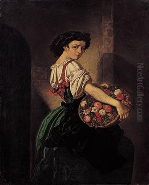 Dziewczyna Z Koszem Kwiatow 1867 R. Oil Painting by Carlos Calzada