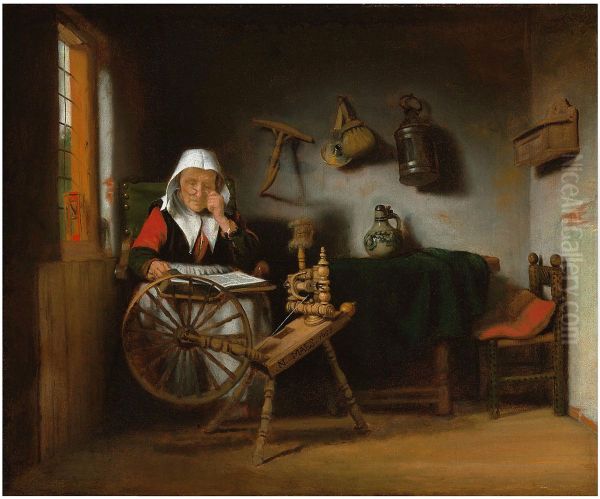 Old woman reading next to a spinning wheel Oil Painting by Nicolaes Maes