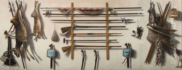 Trompe-l'oeil of an arms rack with a leading staff, a partizan, a matchlock musket, a longbow, a fowling piece with pistols, game bags, dead game and other instruments of the chase hanging on a wall Oil Painting by Jacob Biltius