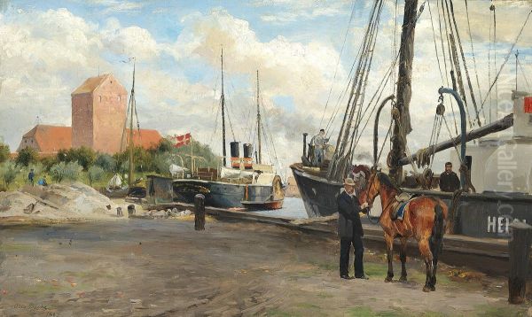 View from the port of Korsor with steamships. Oil Painting by Otto Bache