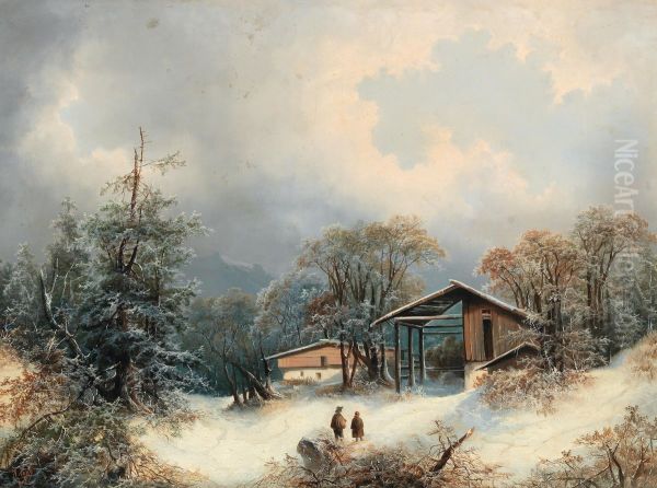 Winter Landscape with decorative figures Oil Painting by Albert Lang