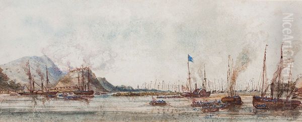 'Attack in 'Fatushur' (Fatshang Creek). 1857. (H.M.S.) Coromandel, Admiral Seymour... Commander Keppel in the Steamer 'Hong Kong'... Oil Painting by John Corbett