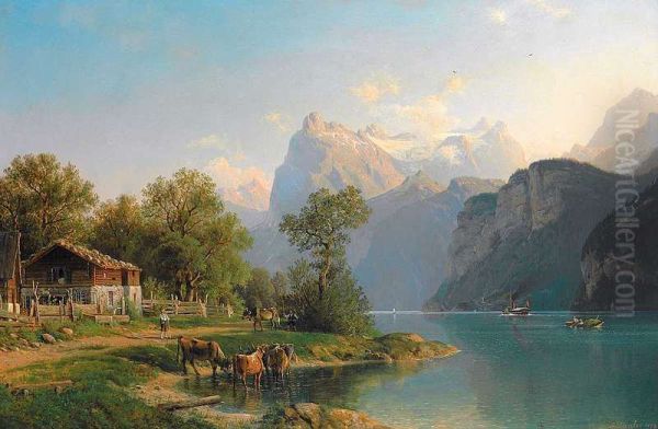 Blick auf den Vierwaldstatter See, im Hintergrund das Pilatusmassiv Oil Painting by Johannes Bartholomaus Duntze