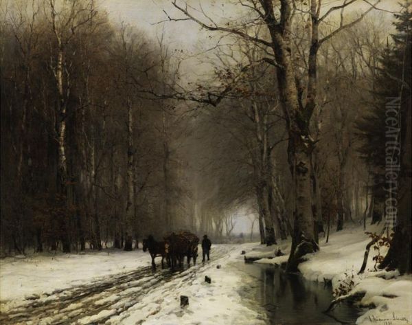 Wintery landscape with a farmer leading a horsewagon. Oil Painting by Anders Andersen-Lundby