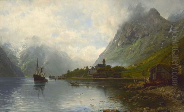 Steamboat pier in Naeroyfjorden Oil Painting by Anders Askevold