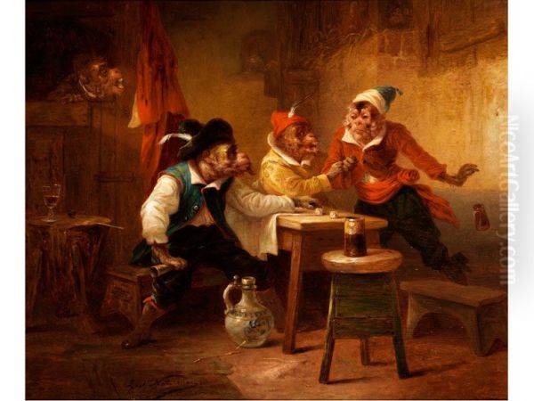 Monkeys playing dice Oil Painting by Zacharie Noterman