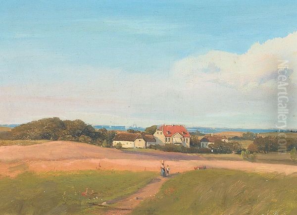 Landscape with persons heading towards a small manor house, with the sea further away. Oil Painting by Niels Gronbek Rademacher