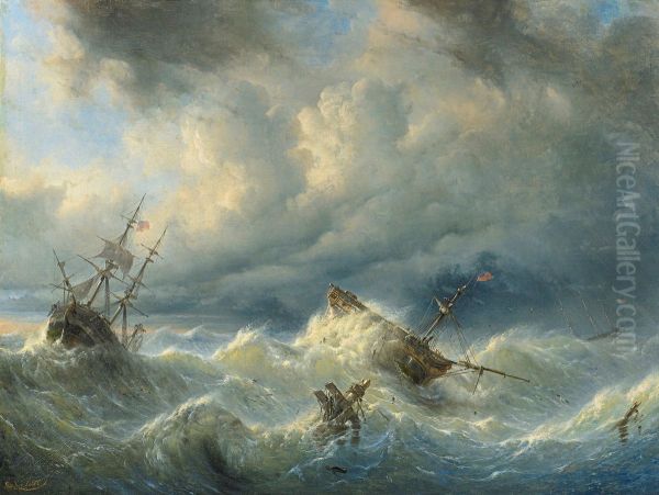 Ships on a Stormy Sea Oil Painting by Raden Saleh