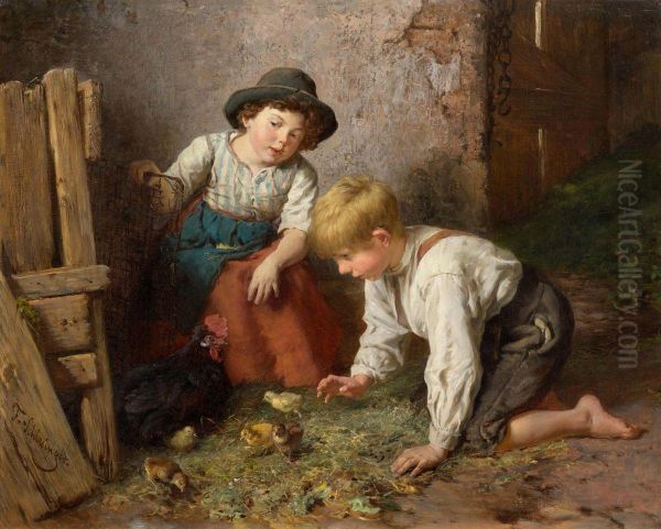 Two children with the chicks Oil Painting by Felix Schlesinger