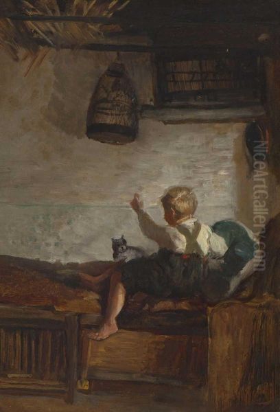 Boy with kitten Oil Painting by Felix Schlesinger