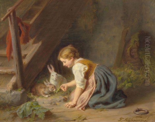 Girl with two rabbits Oil Painting by Felix Schlesinger