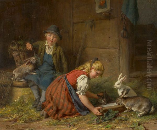 In the rabbit hutch Oil Painting by Felix Schlesinger