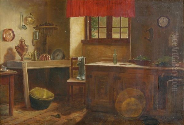 Interior from a kitchen. Oil Painting by Harald Schiodte