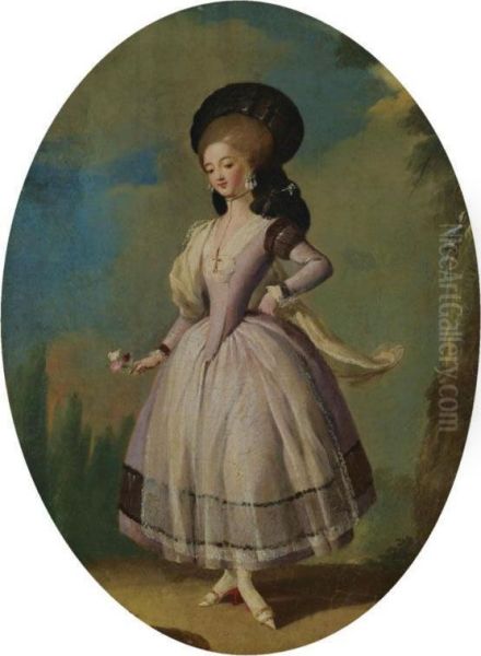 An Elegant Female Dancer, Wearing A Yellow Dress And A Blue Veil, A Servant Girl Looking On Oil Painting by Jose Camaron Y Boronat