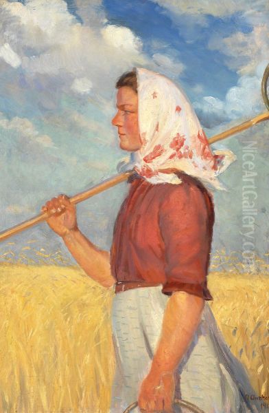 En ung hostarbejder gaende foran en moden kornmark Oil Painting by Anna Ancher