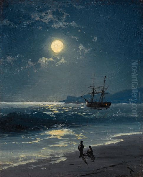 Sailing Ship on a calm sea by Moonlight Oil Painting by Ivan Aivazovsky