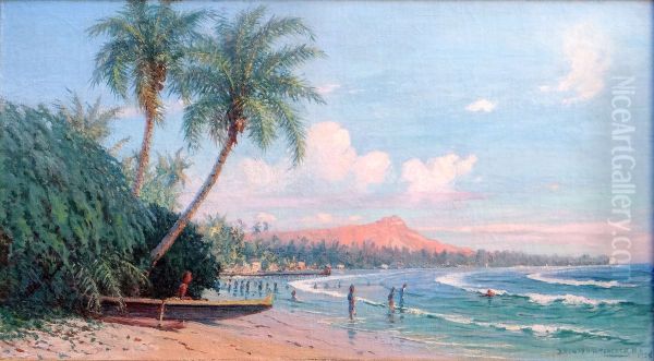 Waikiki Beach, Diamond Head, Oahu Oil Painting by D. Howard Hitchcock