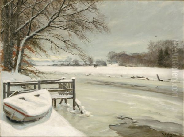 Winter day by a stream, with hunters in the background. Oil Painting by H. A. Brendekilde