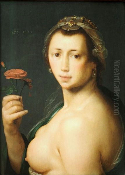 Weiblicher Halbakt mit Rose Oil Painting by Cornelis van Haarlem