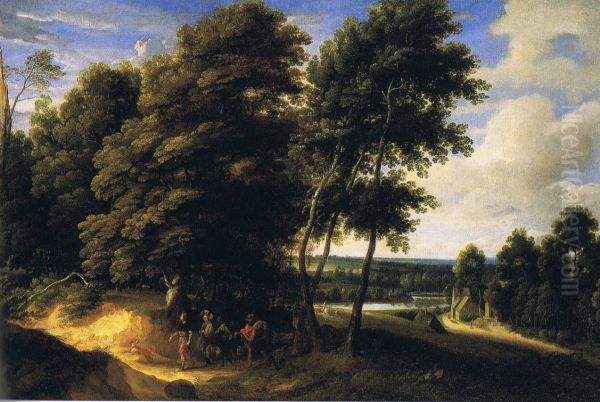 Wooded landscape with travellers on a road Oil Painting by Ignatius Van Der Stock