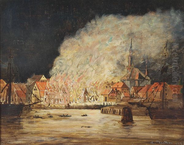 A mill burning in Christianshavn. Oil Painting by C.O. Zeuthen