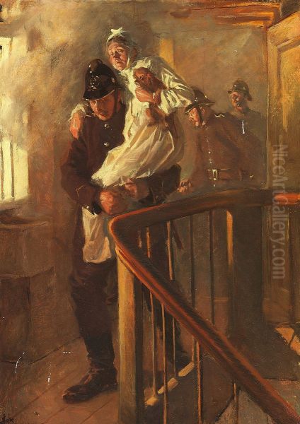 A fireman rescues an old woman. Oil Painting by Erik Henningsen