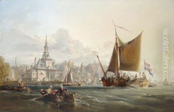 Dutch Vessels Leaving Harbour - Rotterdam In The Distance Oil Painting by George Cambers