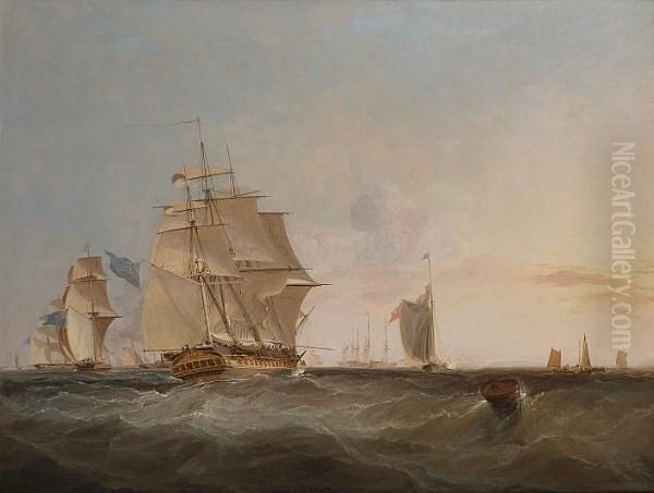 The Former Royal Yacht 'royal George' Reducing Sail As She Enters A Fleet Anchorage Oil Painting by George Cambers