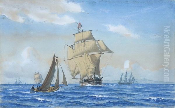 Coastal view with sailing ships. Oil Painting by Christian Blache