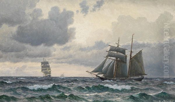 Sailing ships at sea on a cloudy day. Oil Painting by Christian Blache