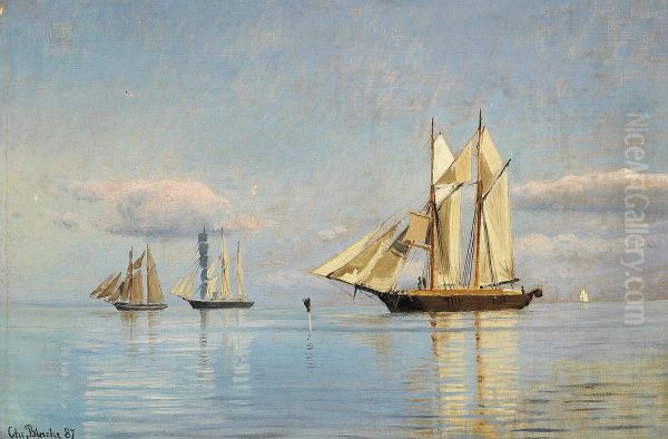 Sailing ships at sea on a calm summer day. Oil Painting by Christian Blache