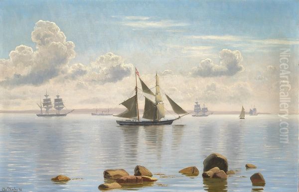 Sailing ships at sea on a calm summer day. Oil Painting by Christian Blache