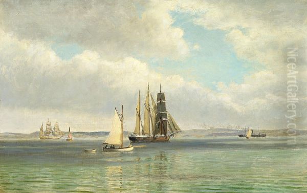 Sailing ships off the coast at Ellekilde. Oil Painting by Christian Blache