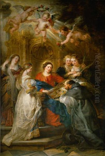 Ildefonso-Altar: Maria erscheint dem Hl. Ildefonso (Mittelteil), Erzherzog Albrecht der VII. (linker Innenflugel) bzw. Infantin Isabella Clara Eugenia (rechter Innenflugel), beide mit ihren Schutzpatronen Oil Painting by Peter Paul Rubens