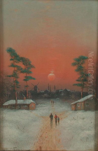 Figures in a winter landscape at sunset. Oil Painting by Niels H. Christiansen