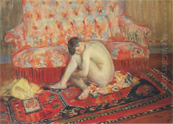 Nude by a pink sofa Oil Painting by Henri Lebasque