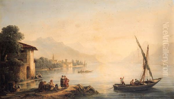 A Swiss lake landscape with fishermen in the foreground, a town beyond Oil Painting by Isidore Dagnan