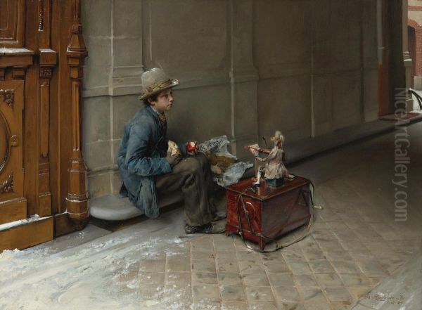 The little Savoyard eating in front of an entrance to a house Oil Painting by Pascal Dagnan-Bouveret